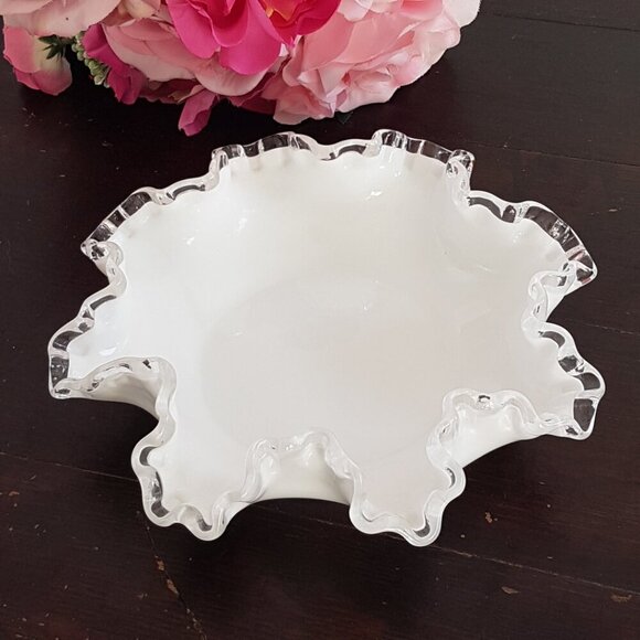 Fenton Silver Crest Milk Glass Candy Dish with Clear Ruffled Rim - Picture 2 of 9